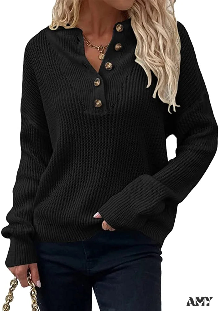 Amy Fashion - Women’s Loose Button V Neck Long Sleeve Sweater Black / Large