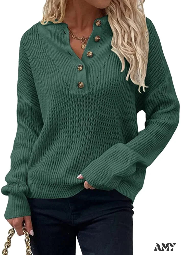 Amy Fashion - Women’s Loose Button V Neck Long Sleeve Sweater Grass Green / Xx-Large