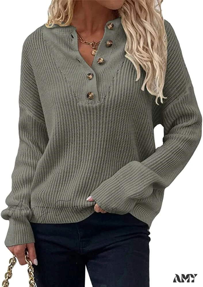 Amy Fashion - Women’s Loose Button V Neck Long Sleeve Sweater Grey / X-Large