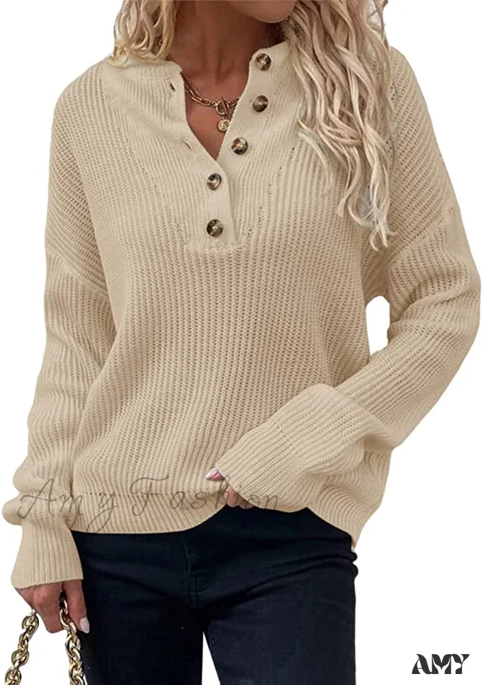 Amy Fashion - Women’s Loose Button V Neck Long Sleeve Sweater Khaki / Small