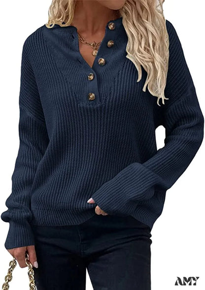 Amy Fashion - Women’s Loose Button V Neck Long Sleeve Sweater Navy Blue / Large