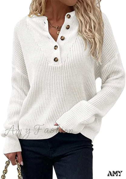 Amy Fashion - Women’s Loose Button V Neck Long Sleeve Sweater White / Medium