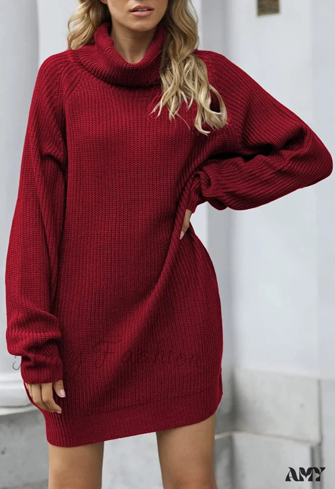 Amy Fashion - Women’s Loose Turtleneck Oversize Long Pullover Sweater Dress