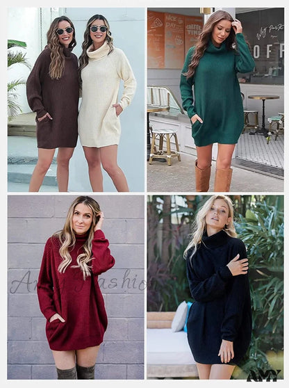 Amy Fashion - Women’s Loose Turtleneck Oversize Long Pullover Sweater Dress