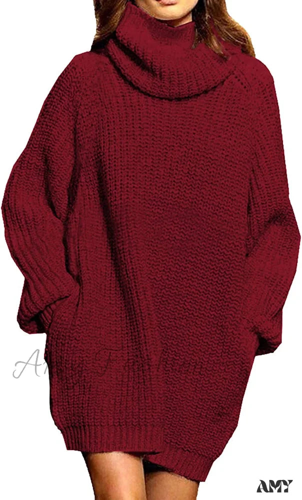 Amy Fashion - Women’s Loose Turtleneck Oversize Long Pullover Sweater Dress