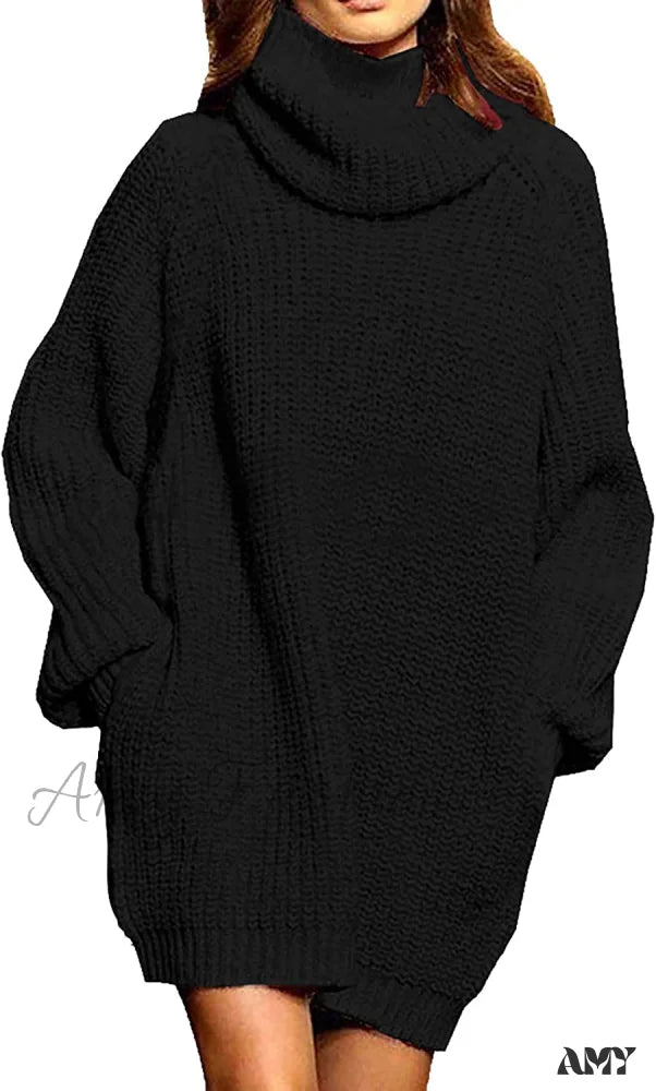 Amy Fashion - Women’s Loose Turtleneck Oversize Long Pullover Sweater Dress Black / X-Large