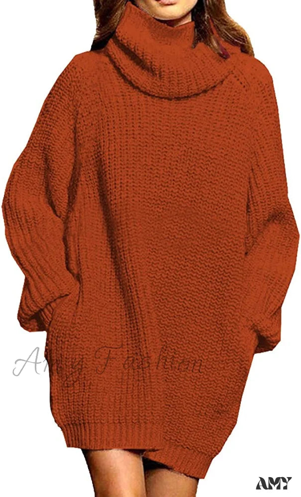 Amy Fashion - Women’s Loose Turtleneck Oversize Long Pullover Sweater Dress Brown / Medium