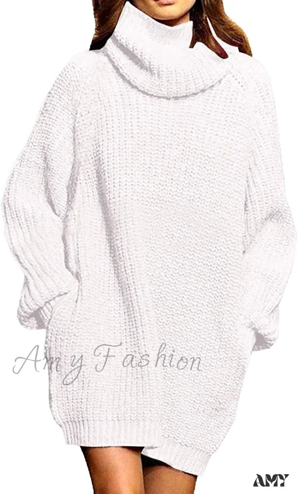 Amy Fashion - Women’s Loose Turtleneck Oversize Long Pullover Sweater Dress White / Small