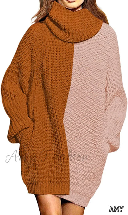 Amy Fashion - Women’s Loose Turtleneck Oversize Long Pullover Sweater Dress Y -Brown And Pink /