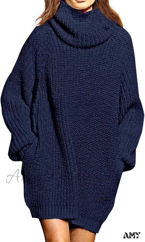 Amy Fashion - Women’s Loose Turtleneck Oversize Long Pullover Sweater Dress Y Dark Blue / Large