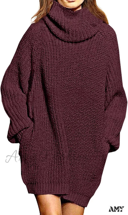 Amy Fashion - Women’s Loose Turtleneck Oversize Long Pullover Sweater Dress Y Dark Red / Medium