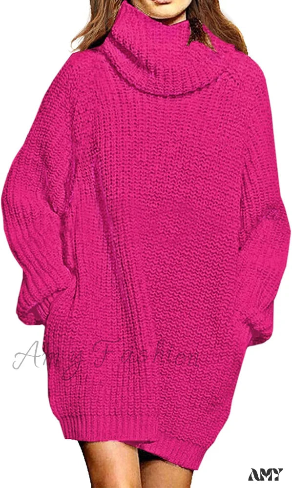 Amy Fashion - Women’s Loose Turtleneck Oversize Long Pullover Sweater Dress Y Hot Pink / Medium