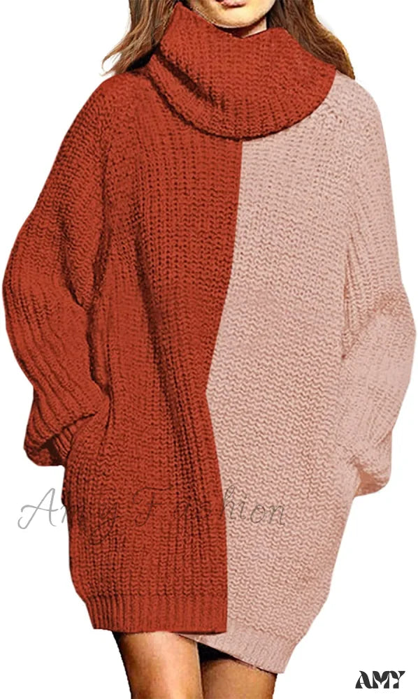 Amy Fashion - Women’s Loose Turtleneck Oversize Long Pullover Sweater Dress Y Orange And Pink /