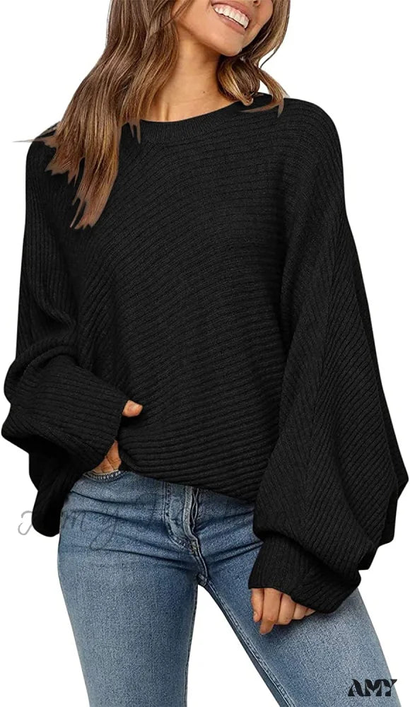 Amy Fashion - Women’s Oversized Long Bat Sleeve Sweater Black / Medium