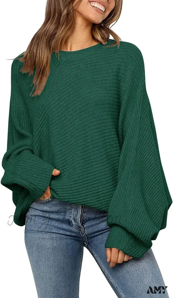 Amy Fashion - Women’s Oversized Long Bat Sleeve Sweater Green / Large