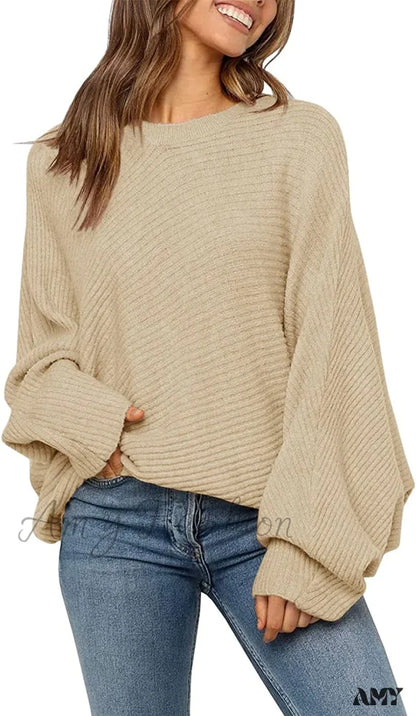 Amy Fashion - Women’s Oversized Long Bat Sleeve Sweater Khaki / Medium