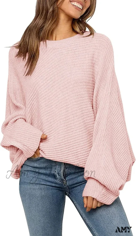 Amy Fashion - Women’s Oversized Long Bat Sleeve Sweater Pink / X-Large