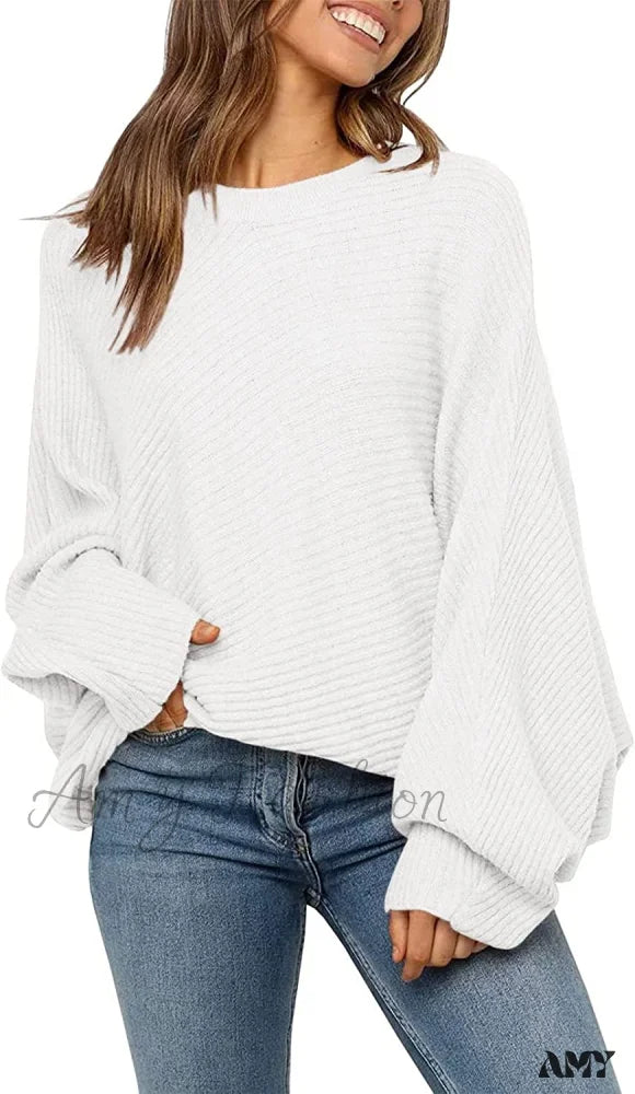 Amy Fashion - Women’s Oversized Long Bat Sleeve Sweater White / Medium