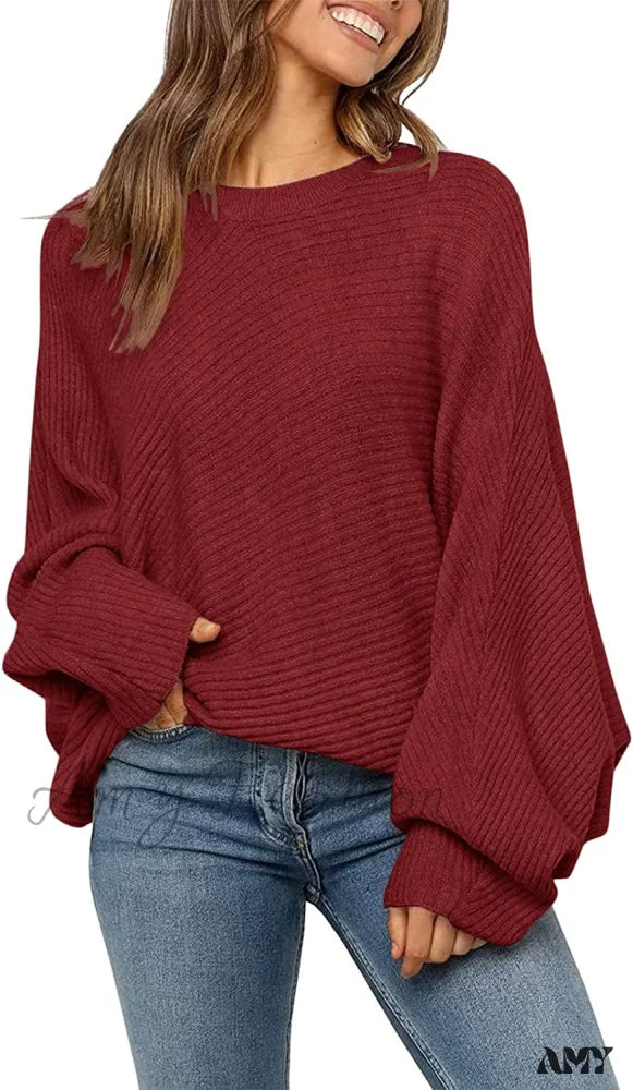 Amy Fashion - Women’s Oversized Long Bat Sleeve Sweater Wine / Large