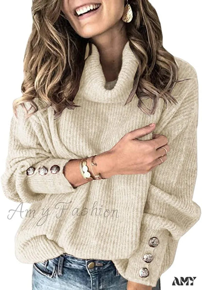 Amy Fashion - Women’s Oversized Turtleneck Chunky Pullover Sweaters Beige / Medium