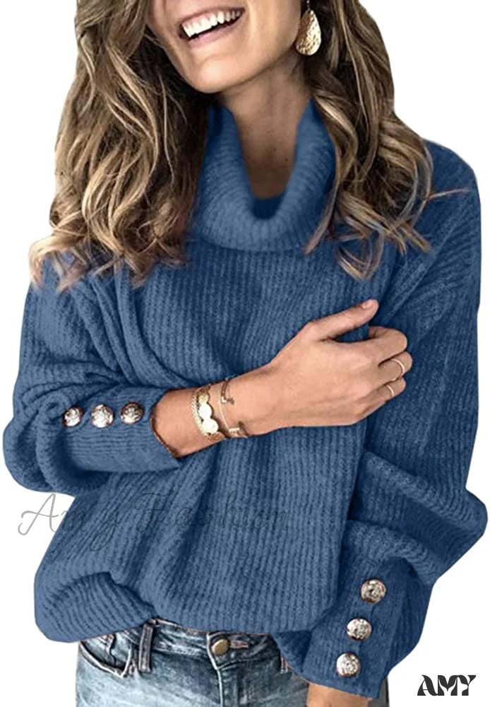 Amy Fashion - Women’s Oversized Turtleneck Chunky Pullover Sweaters Blue / X-Large