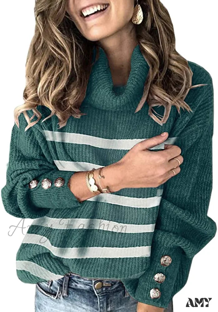 Amy Fashion - Women’s Oversized Turtleneck Chunky Pullover Sweaters Green / Small