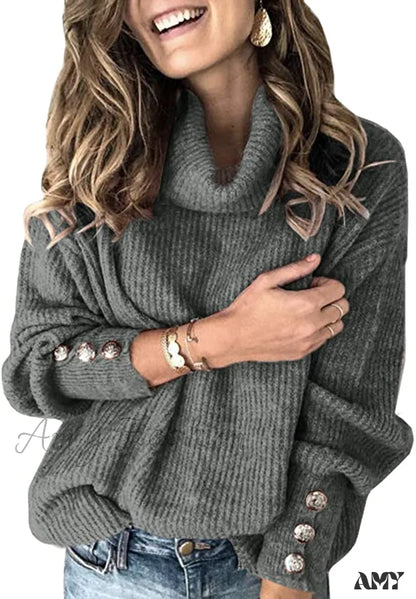 Amy Fashion - Women’s Oversized Turtleneck Chunky Pullover Sweaters Grey / Large