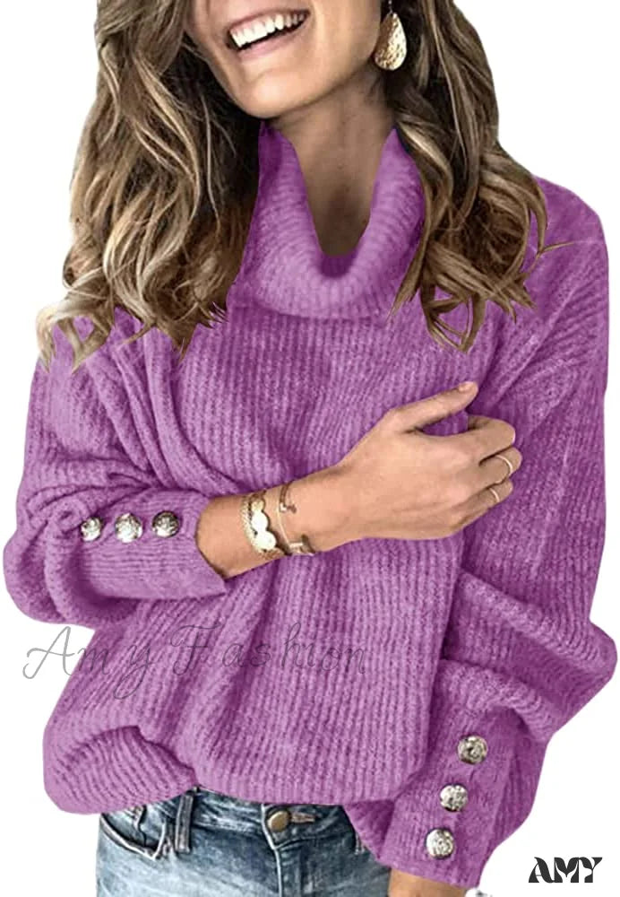 Amy Fashion - Women’s Oversized Turtleneck Chunky Pullover Sweaters Purple / X-Large