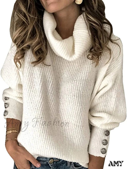 Amy Fashion - Women’s Oversized Turtleneck Chunky Pullover Sweaters White / Xx-Large