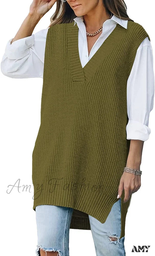 Amy Fashion - Women’s Oversized V Neck Knit Sweater Vest Tunic Sleeveless Pullover Top 1-Army