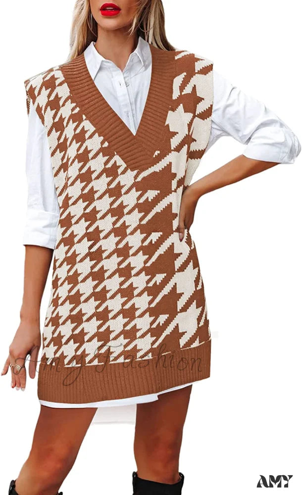 Amy Fashion - Women’s Oversized V Neck Knit Sweater Vest Tunic Sleeveless Pullover Top 1-Brown