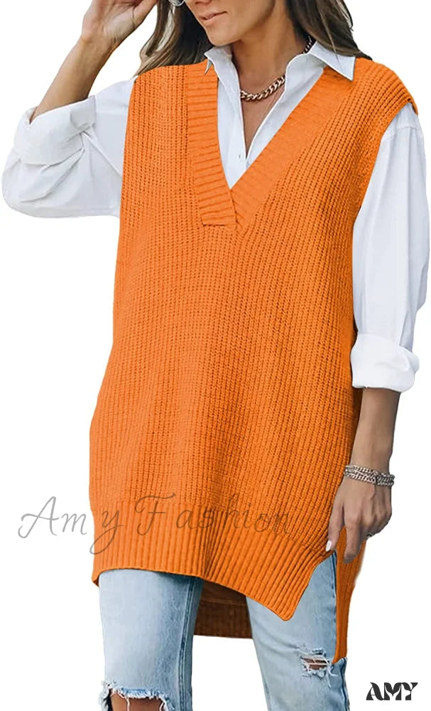 Amy Fashion - Women’s Oversized V Neck Knit Sweater Vest Tunic Sleeveless Pullover Top 1-Orange /