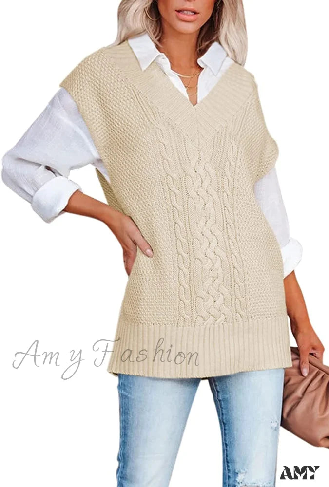 Amy Fashion - Women’s Oversized V Neck Knit Sweater Vest Tunic Sleeveless Pullover Top 2-Apricot