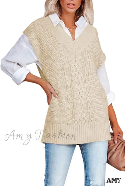 Amy Fashion - Women’s Oversized V Neck Knit Sweater Vest Tunic Sleeveless Pullover Top 2-Apricot