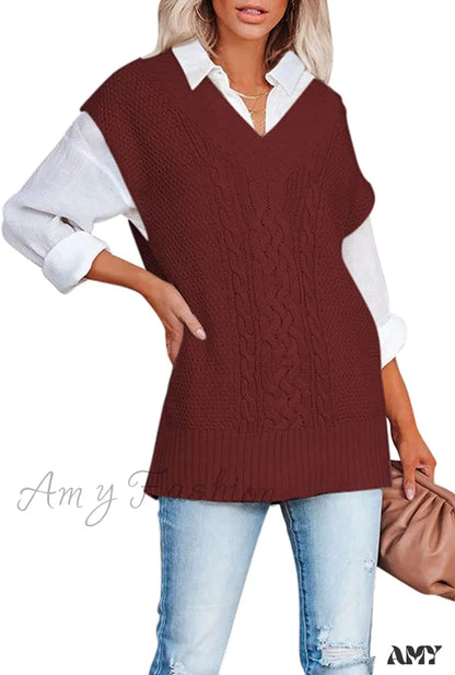 Amy Fashion - Women’s Oversized V Neck Knit Sweater Vest Tunic Sleeveless Pullover Top 2-Red /