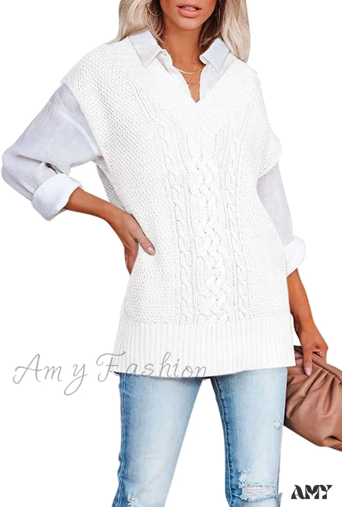 Amy Fashion - Women’s Oversized V Neck Knit Sweater Vest Tunic Sleeveless Pullover Top 2-White /