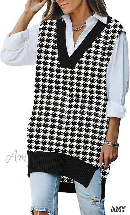 Amy Fashion - Women’s Oversized V Neck Knit Sweater Vest Tunic Sleeveless Pullover Top