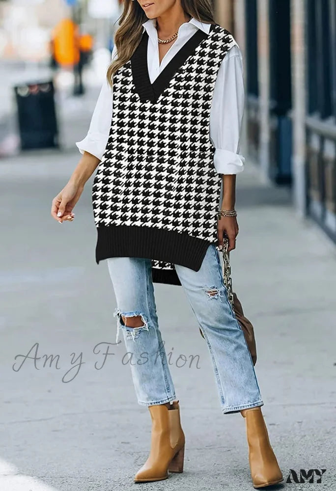 Amy Fashion - Women’s Oversized V Neck Knit Sweater Vest Tunic Sleeveless Pullover Top