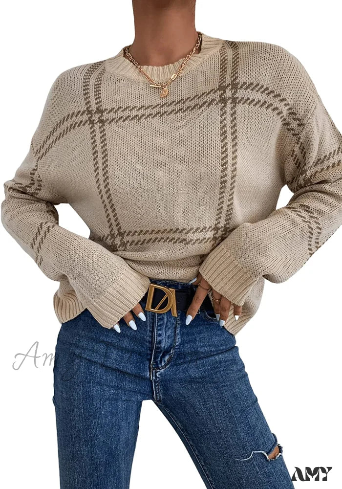 Amy Fashion - Women’s Plaid Long Sleeve Crewneck Pullover Top Sweater