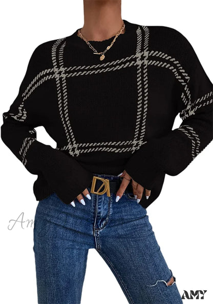 Amy Fashion - Women’s Plaid Long Sleeve Crewneck Pullover Top Sweater Black / Medium