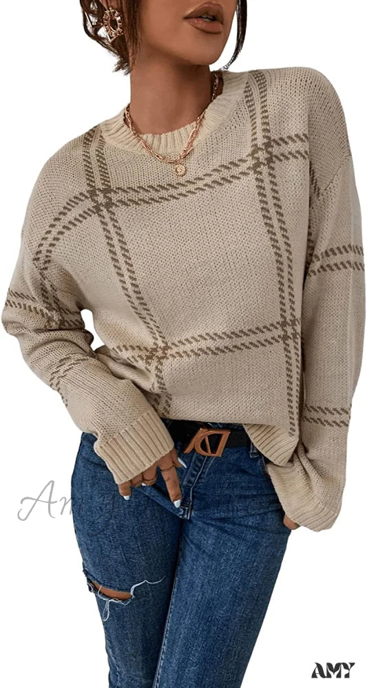 Amy Fashion - Women’s Plaid Long Sleeve Crewneck Pullover Top Sweater Khaki / Medium