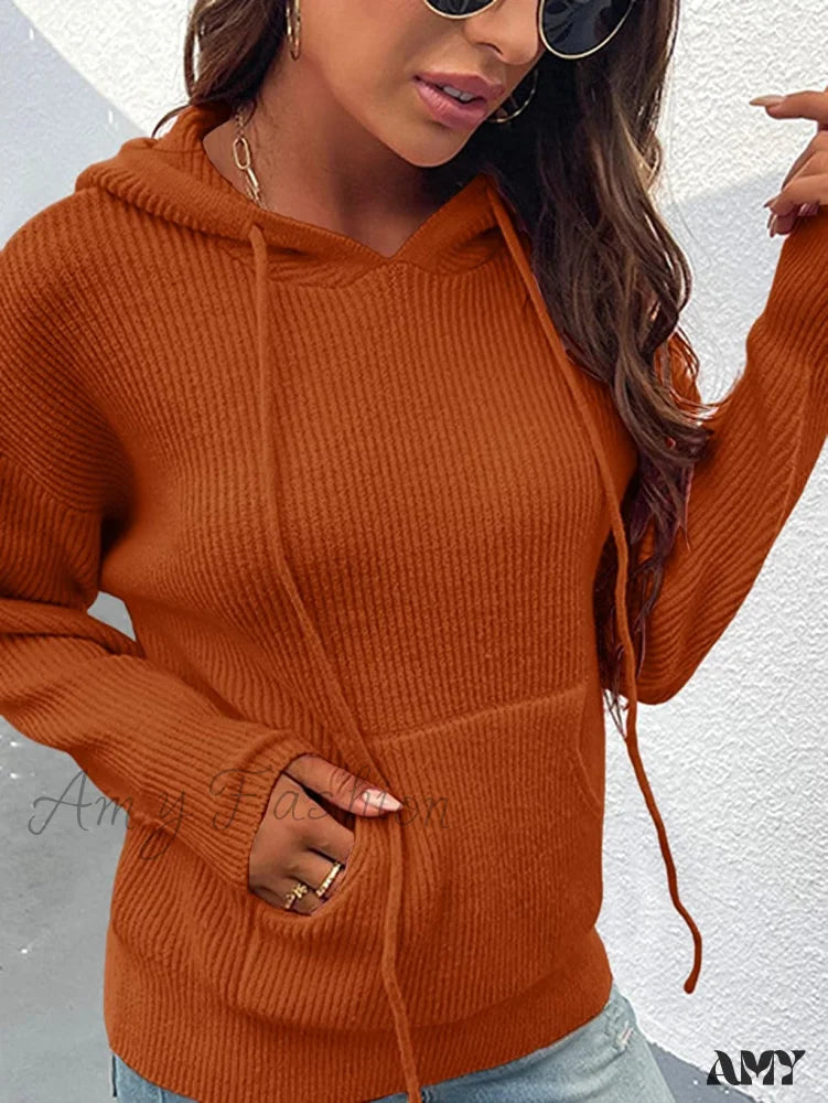 Amy Fashion - Women’s Rib-Knit Hooded Sweaters Cozy Drawstring Pullover