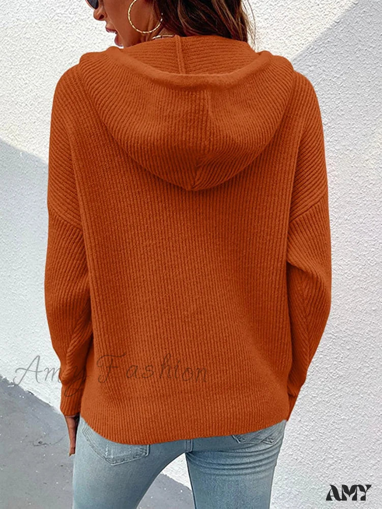 Amy Fashion - Women’s Rib-Knit Hooded Sweaters Cozy Drawstring Pullover