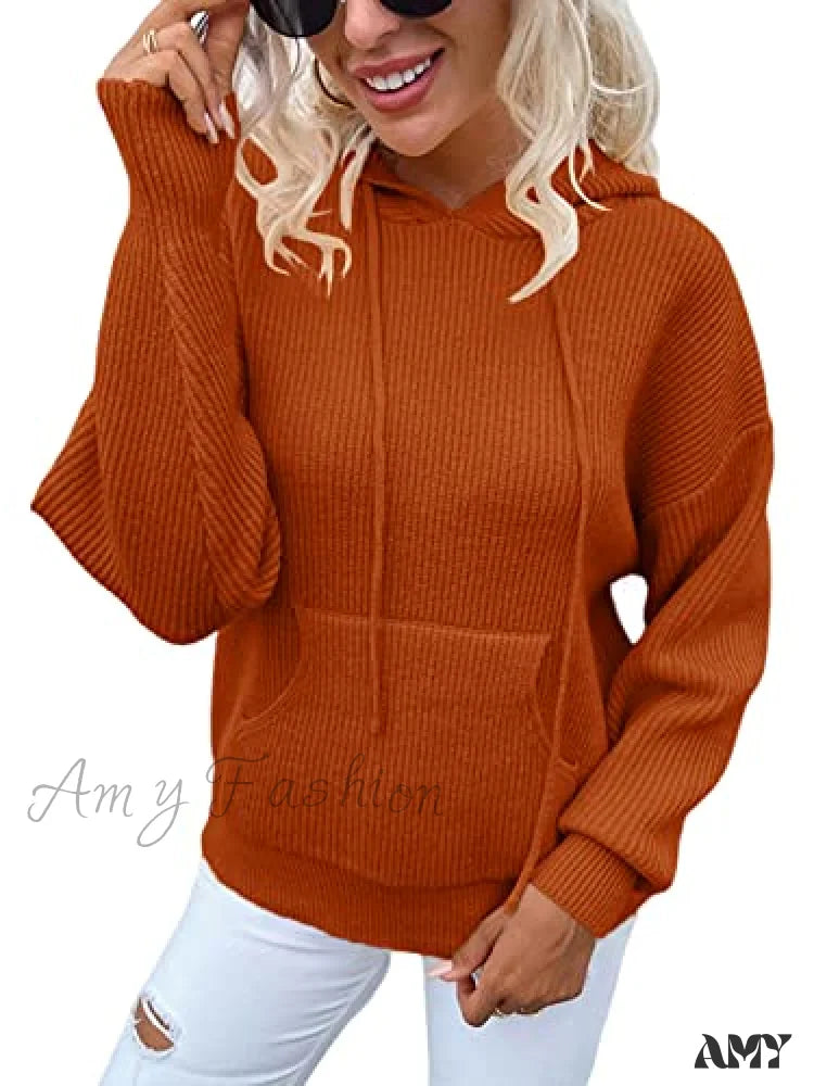 Amy Fashion - Women’s Rib-Knit Hooded Sweaters Cozy Drawstring Pullover