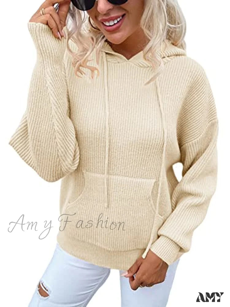 Amy Fashion - Women’s Rib-Knit Hooded Sweaters Cozy Drawstring Pullover