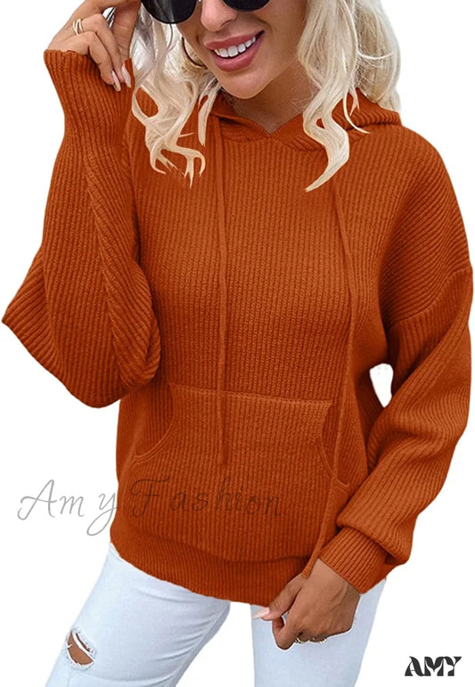 Amy Fashion - Women’s Rib-Knit Hooded Sweaters Cozy Drawstring Pullover Brown / Xx-Large