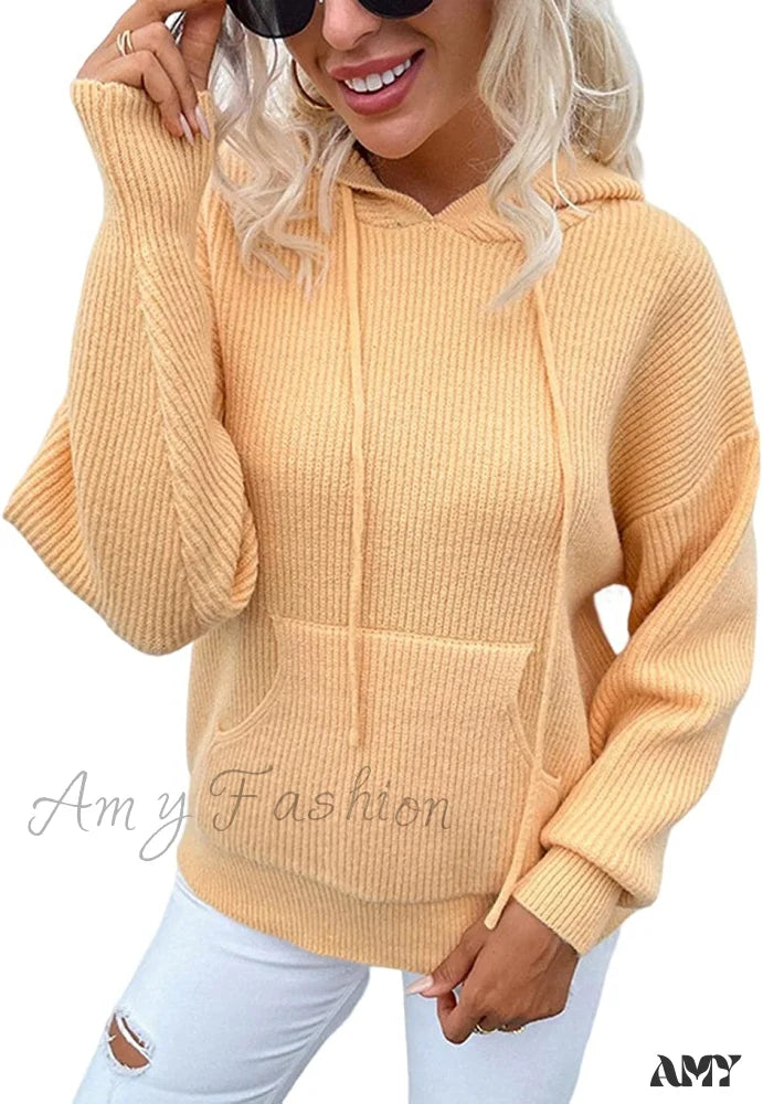 Amy Fashion - Women’s Rib-Knit Hooded Sweaters Cozy Drawstring Pullover Orange / Small