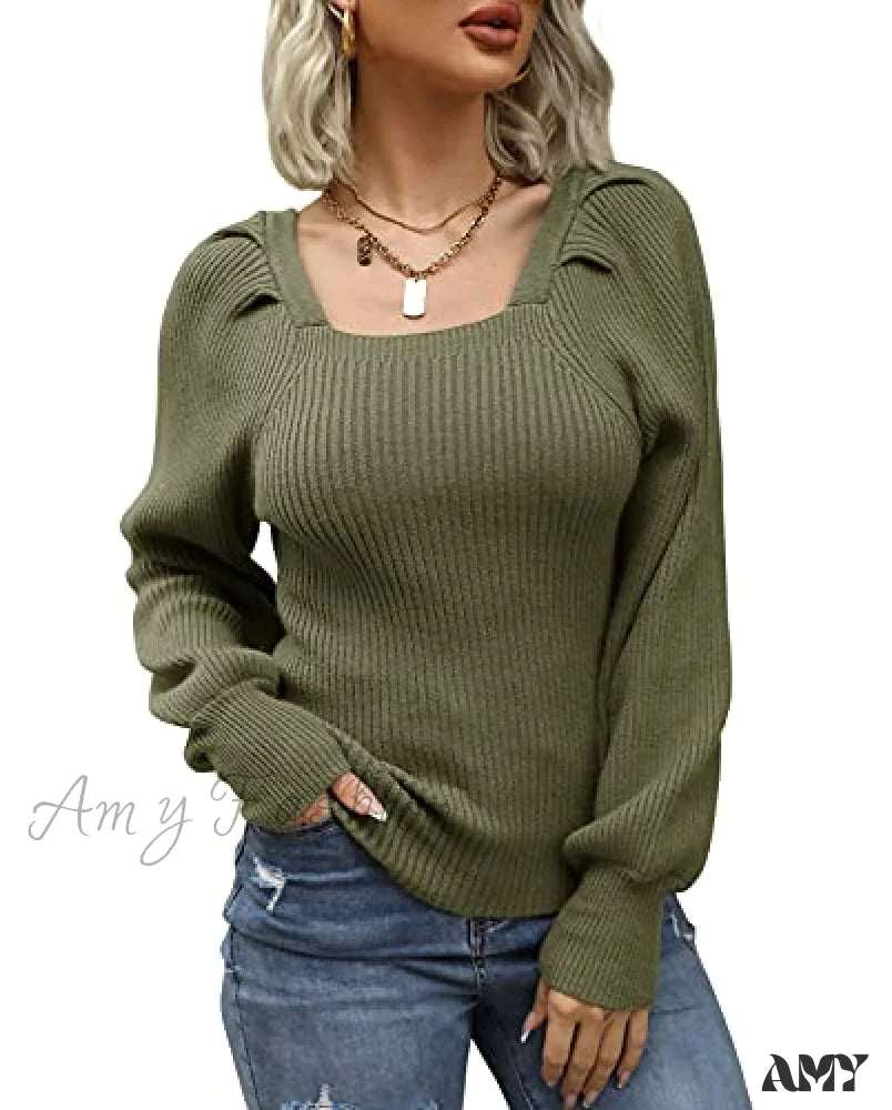 Amy Fashion - Women’s Square Neck Long Lantern Sleeve Sweater