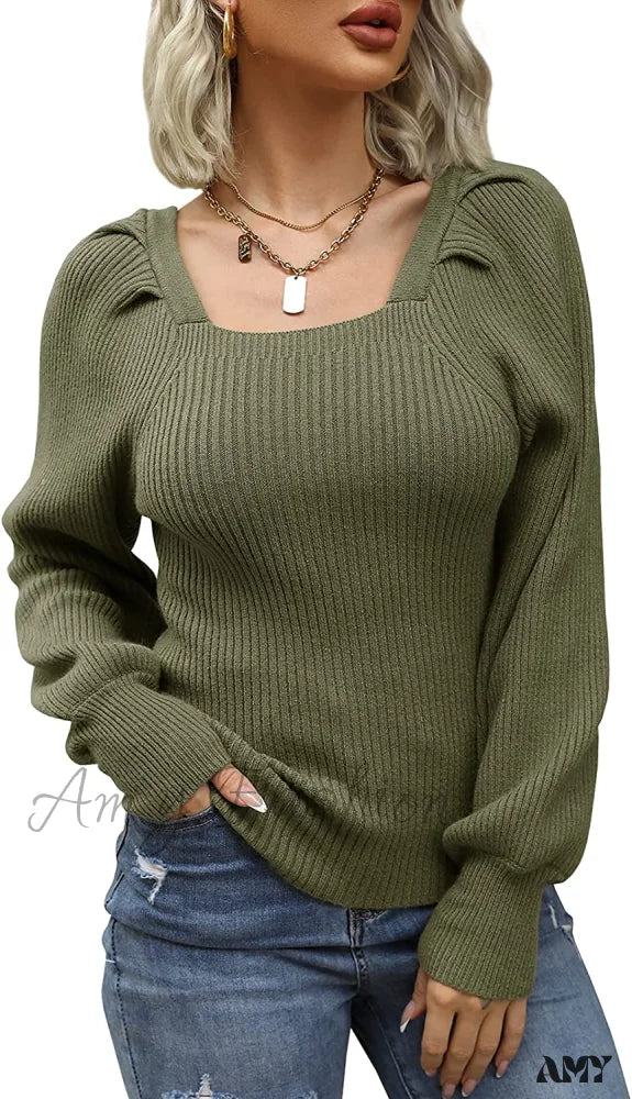 Amy Fashion - Women’s Square Neck Long Lantern Sleeve Sweater Army Green / Small