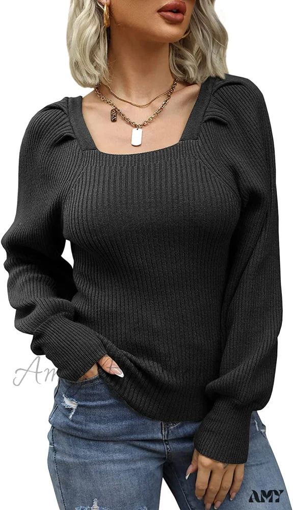 Amy Fashion - Women’s Square Neck Long Lantern Sleeve Sweater Black / Large